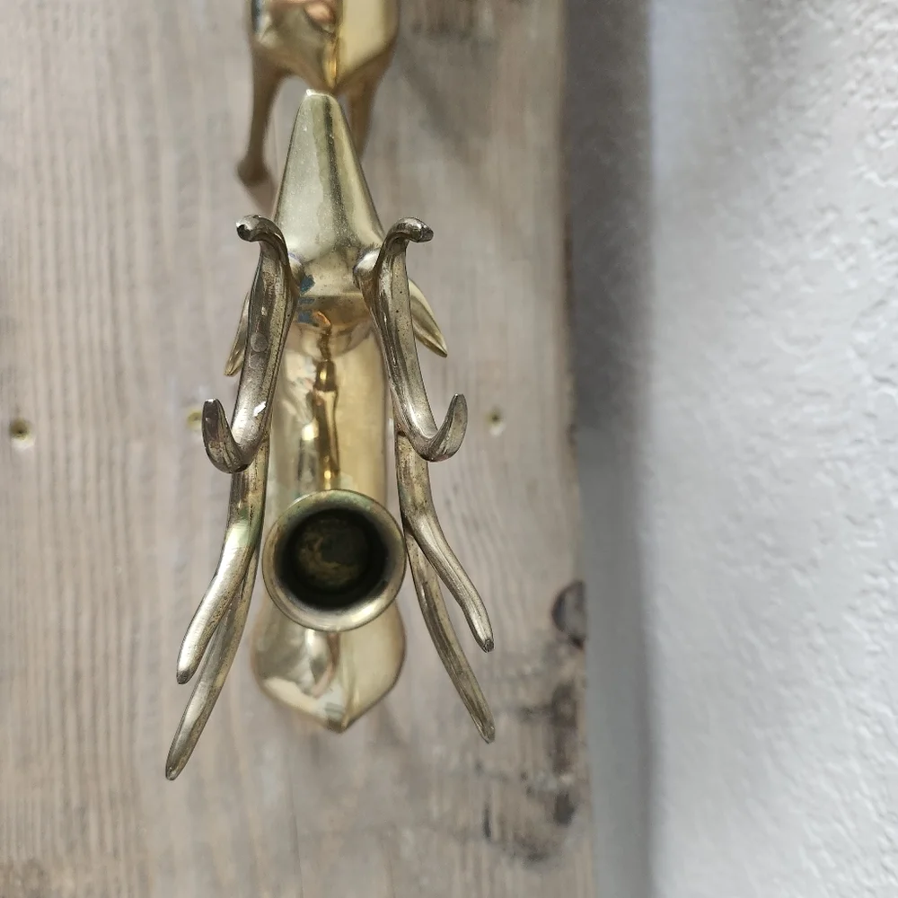 Lot of 2 Pottery Barn Brass Reindeer Candle Holders - Heavy Brass